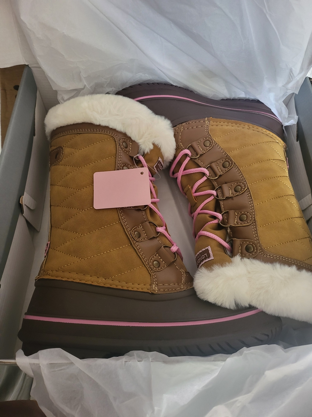 London Fog Tan Winter Boots with Pink Accents
